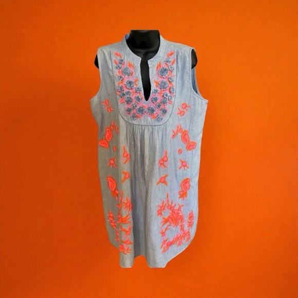 Anthropologie Uncle Frank Large Pin Stripe V Neck Embroidered Sleeveless Dress - Picture 2 of 12